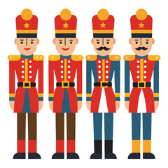 Four illustrated nutcracker soldiers stand in a row, each in a distinct uniform on white background