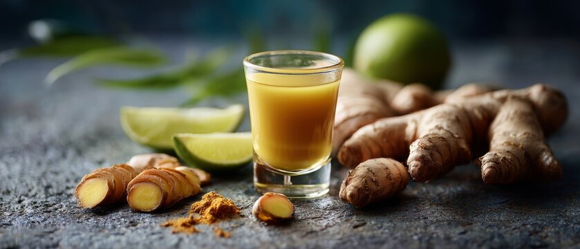 A radiant ginger shot, teeming with raw turmeric and lime on a textured stone surface, embodies a fusion of health and vitality in earthy tones.