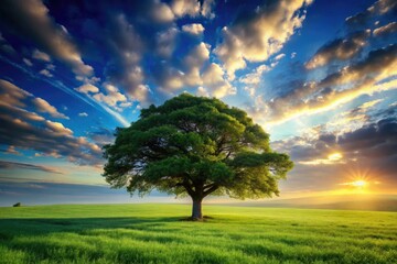 Fototapeta premium Majestic Lone Tree, Serene Grassland, Blue Sky - Nature Photography Background