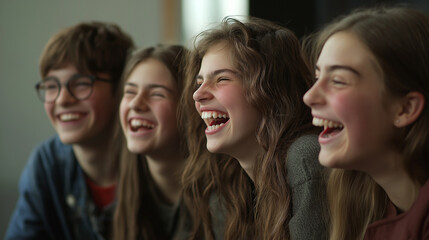 Fototapeta premium A professionally lit facial capture young friends enjoying a colorful get-together, laughing while sporting fashionable sunglasses.