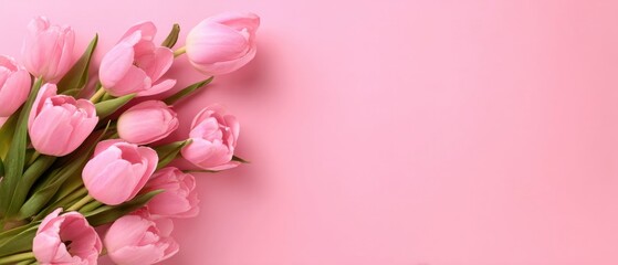 Fototapeta premium Delicate pink tulips bouquet on pastel pink background with copy space Floral arrangement for spring, easter, mothers day, or romantic occasion