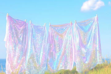 Vibrant iridescent fabrics flutter against a bright blue sky, exuding a dreamy seaside ambiance.