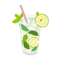 Refreshing vector illustration of a mojito cocktail with lime slices, mint leaves, ice cubes, and a straw in a glass. Perfect for summer, drinks menu, bar designs, and tropical themes.