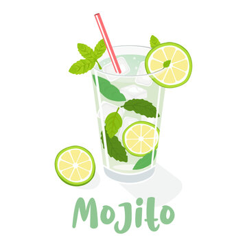 Vector illustration of a mojito cocktail in a glass with lime, ice cubes, straw, and "Mojito" text on white background. Fresh and stylish summer design perfect for menus, labels, and packaging.