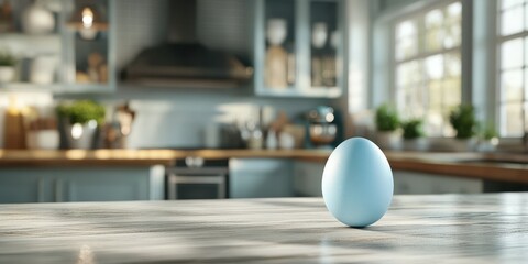 Decorative blue egg placed on wooden kitchen table in bright, modern kitchen during daylight