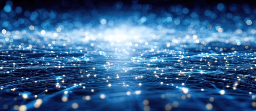 Abstract network of interconnected luminous points,  deep blue background.  Intertwined lines of light connect a multitude of shimmering particles