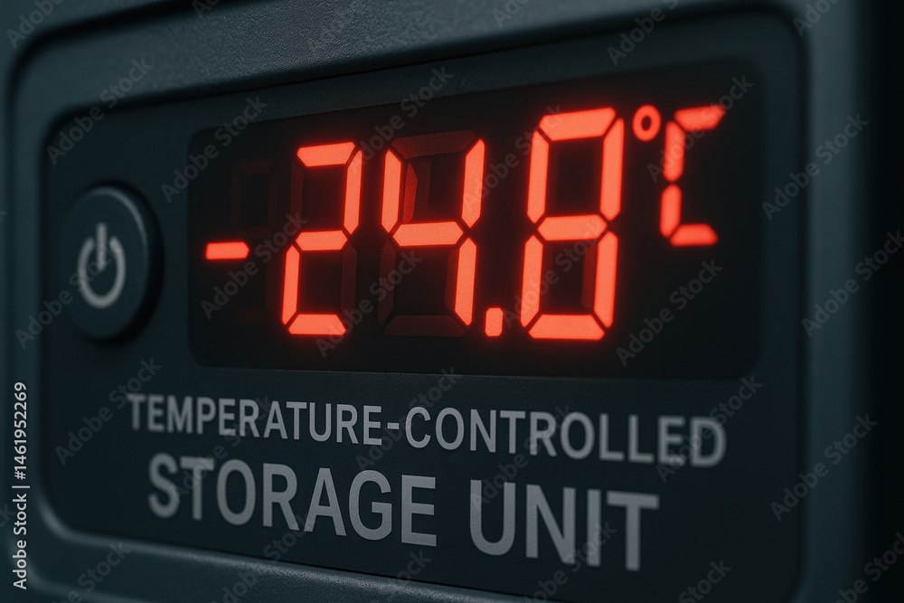 Poster temperature controlled storage unit display shows 24.8 degrees celsius ensuring precise pharma produ