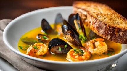 Delicious seafood stew with shrimp and mussels served with toasted bread in a stylish bowl