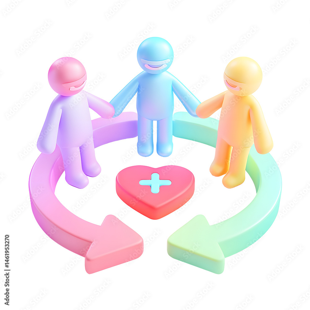 Poster vibrant 3d of a diverse group of stylized human figures connected by curved arrows pointing to a glo
