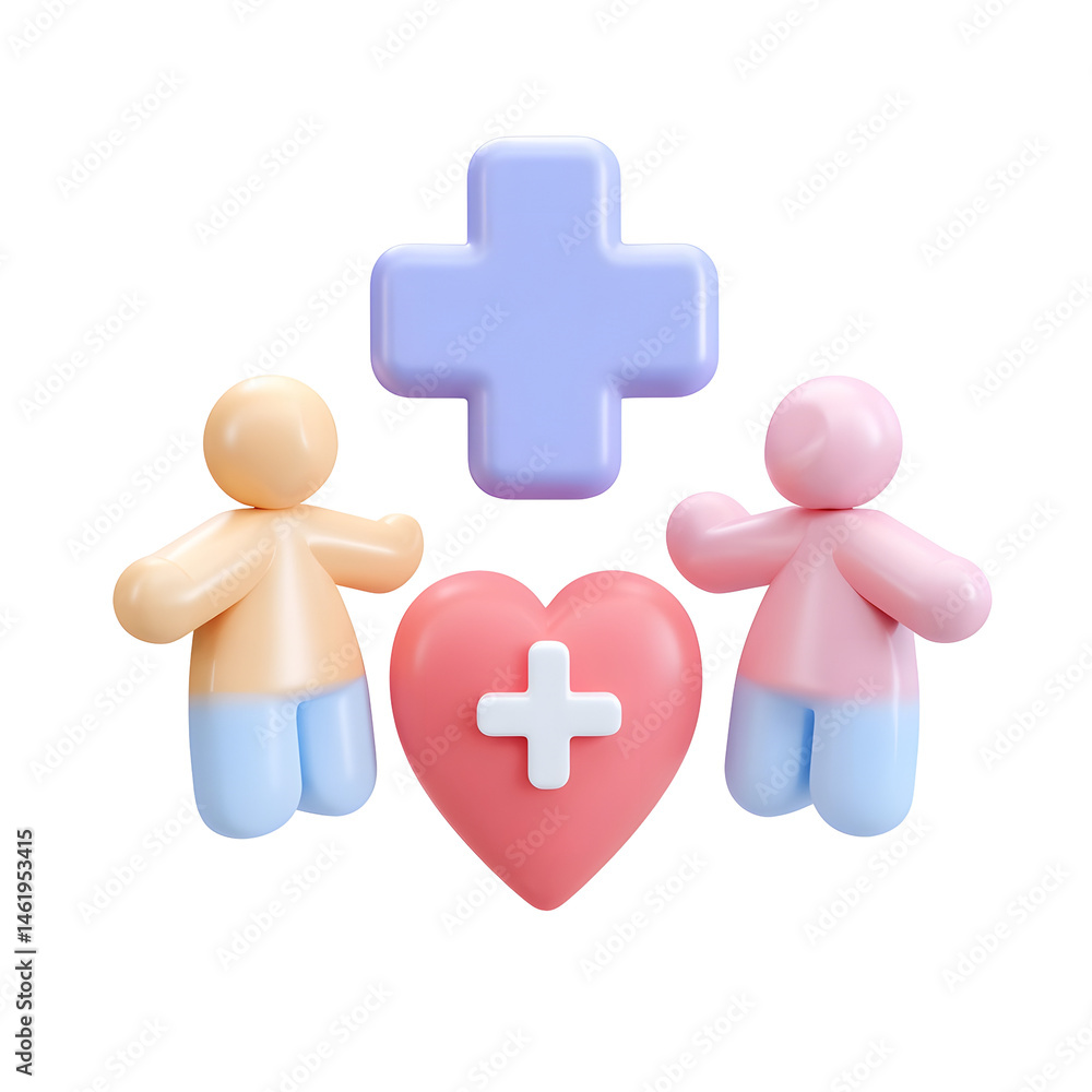 Aufkleber Playful 3D render of a health icon featuring three stylized figures and a central floating heart with a plus sign in a warm pastel color palette