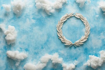 Fototapeta premium A wreath is placed on a blue background with white clouds
