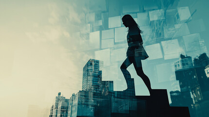 A woman ascends a city's steps, surrounded by urban imagery.  A journey towards success and aspirations