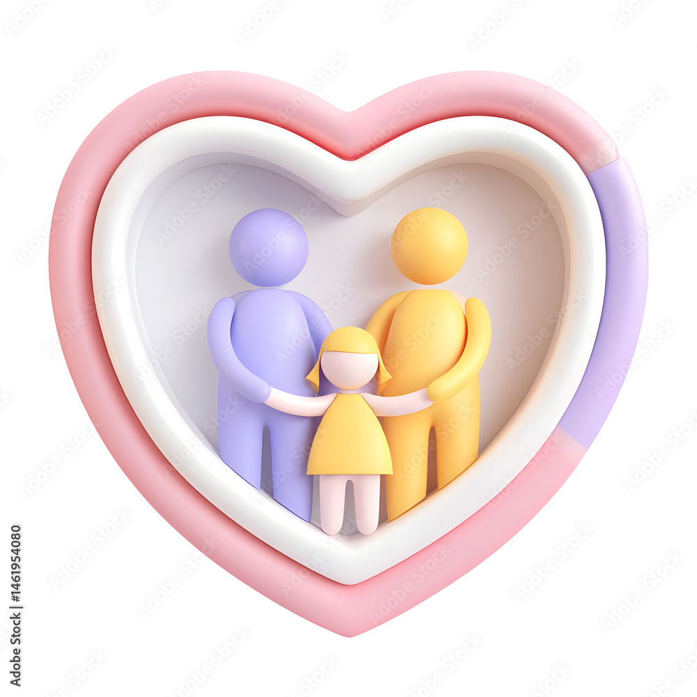 Poster a warm pastel colored 3d rendering of a loving family of three a parent child and another child embr