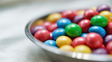 Colorful glossy candies in silver bowl on white table with shallow depth of field, ultra-realistic 3D render highlighting vibrant textures and playful freshness for commercial food photography.