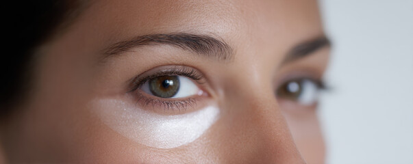 Closeup of woman eye with glowing undereye patch, serene expression