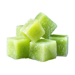 Lightly Frosted Honeydew Melon Cubes Showing Icy Surface on Transparent Background

