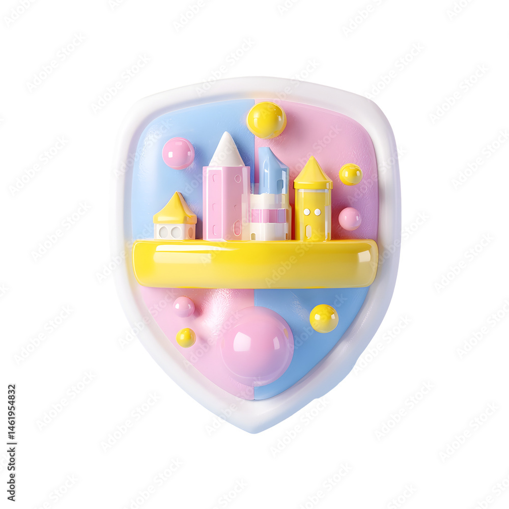 Aufkleber Whimsical 3D of a colorful shield icon composed of pastel colored geometric shapes and blocks creating a playful and inclusive design