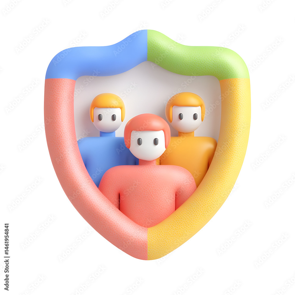 Poster a vibrant 3d depicting a protective shield encapsulating three simplified human figures representing