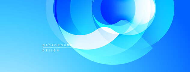 Abstract blue design features overlapping circles, gradients. Modern aesthetic, clean lines, suitable for backgrounds, presentations.