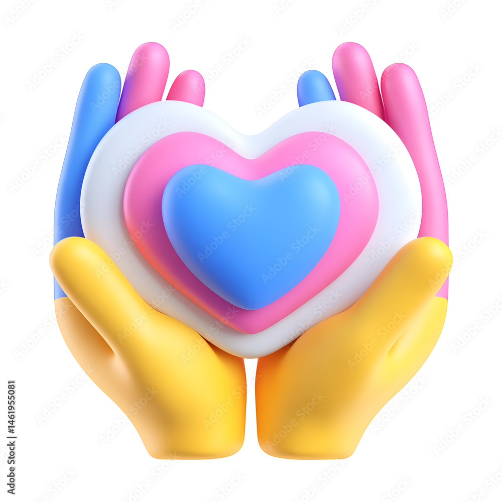 Poster soft open hands enveloping a colorful 3d heart shaped icon against a bright white backdrop represent