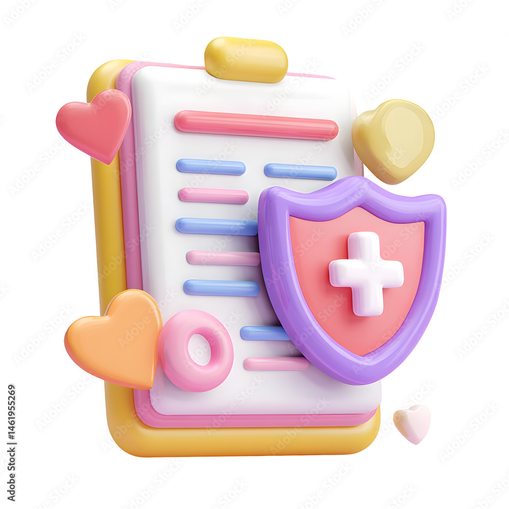 Aufkleber Vibrant pastel colored 3D render of a healthcare document icon with a protective shield conveying a sense of security and wellness