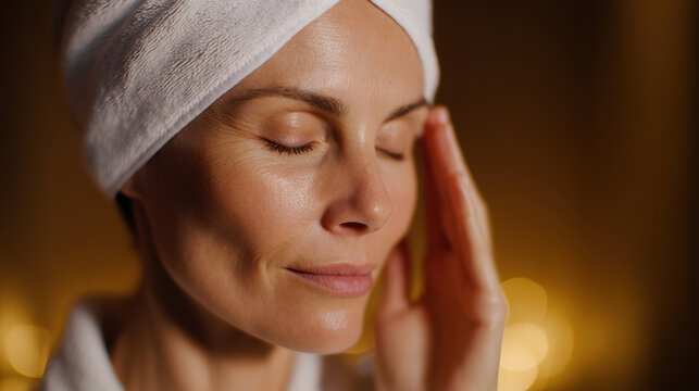 Woman enjoys relaxing nighttime skincare routine