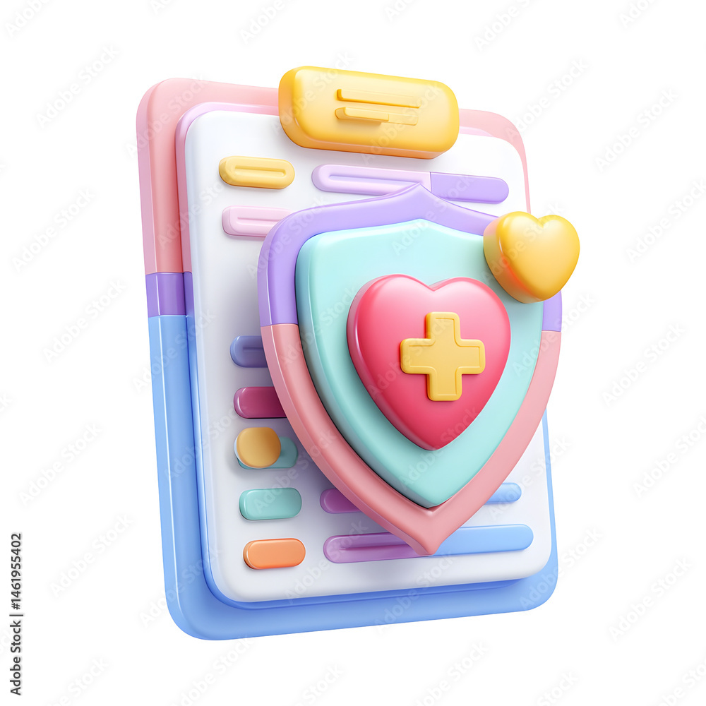 Aufkleber playful and vibrant 3d rendering of a colorful medical document icon featuring a heart shaped shield