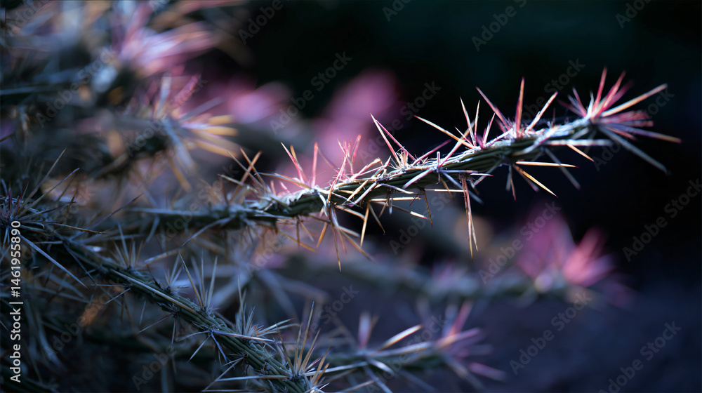 Poster spiky cactus arm displaying intricate patterns in a vivacious desert garden.