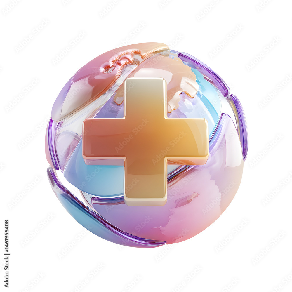 Poster vibrant 3d of a globe with a healthcare cross symbol featuring a soft pastel color palette and clean
