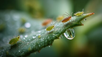 Fototapeta premium Homemade organic pesticides. Close-up of aphids on a leaf with water droplets glistening in natural light.