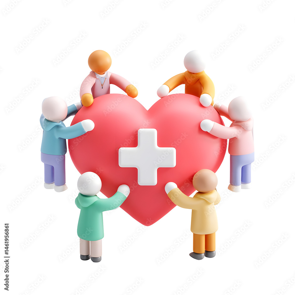 Aufkleber stylized 3d depicting a group of diverse people holding together a red heart with a white plus sign 