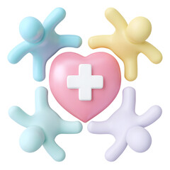 Obraz premium Vibrant pastel colored shapes representing people surrounding a central heart icon with a white cross symbolizing shared care empathy and compassion