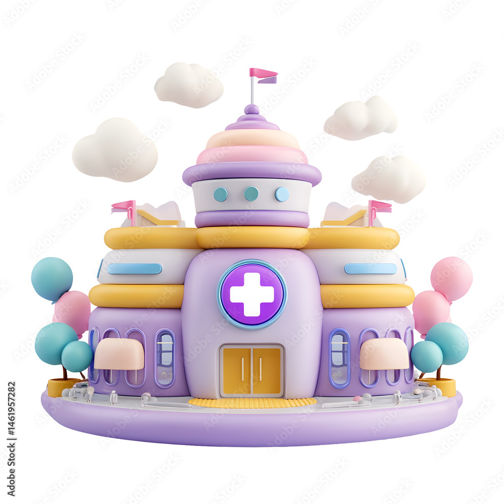 Poster a colorful rounded 3d rendering of a pastel hued clinic structure with a cheerful playful aesthetic 