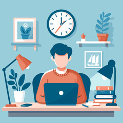 Young man focused on work using laptop in cozy home office with plants and wall clock
