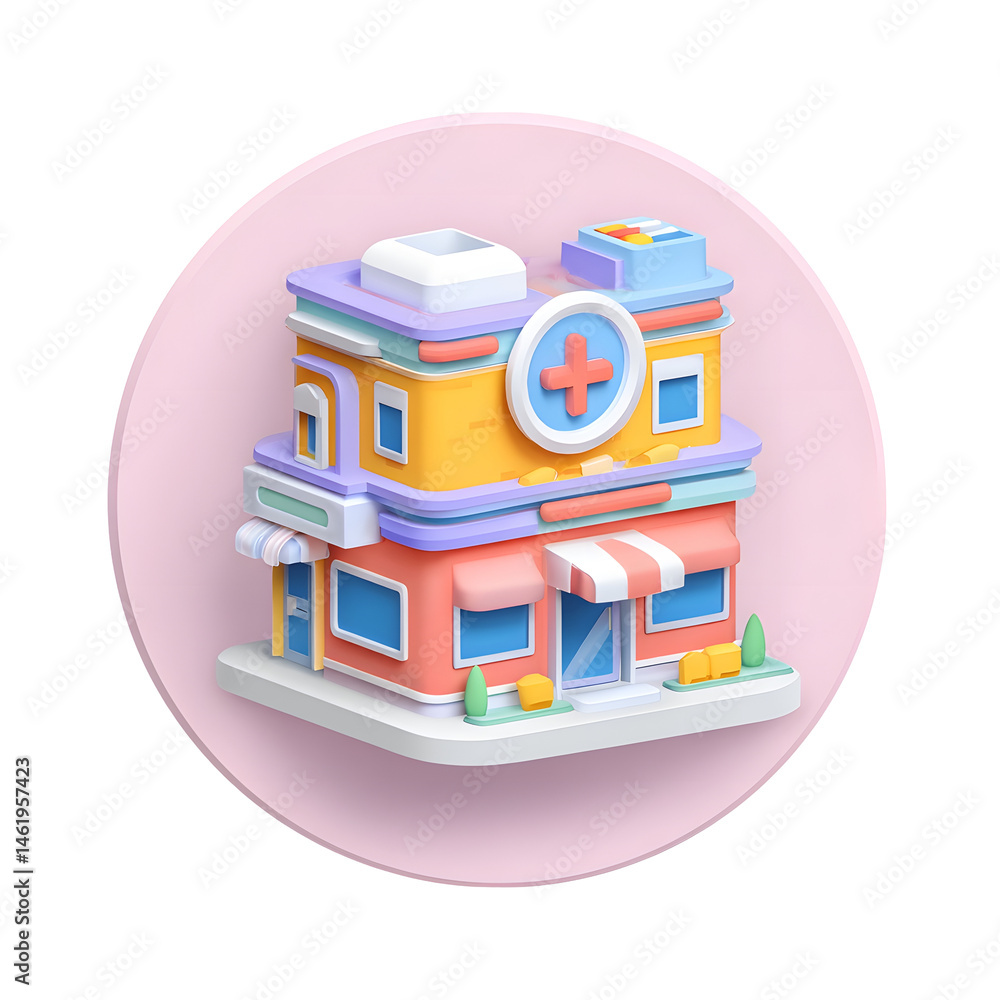 Poster whimsical 3d icon of a pastel colored healthcare building with a clean vibrant facade featuring a ci
