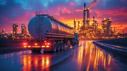 Obraz premium A tanker truck at an industrial site during sunset, highlighting the oil refinery's operations.