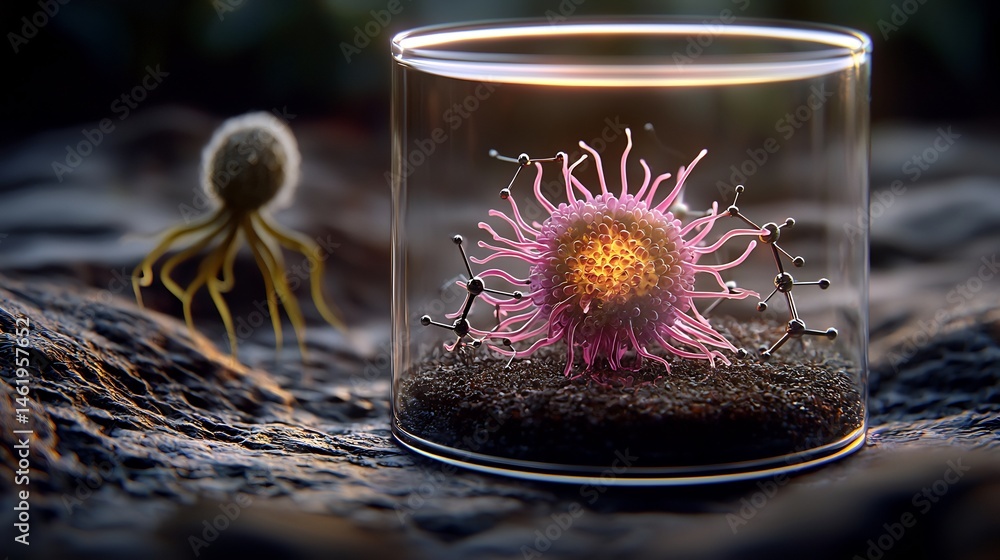 Poster a microscopic cell in a glass container, surrounded by smaller particles. a larger microbe is seen i