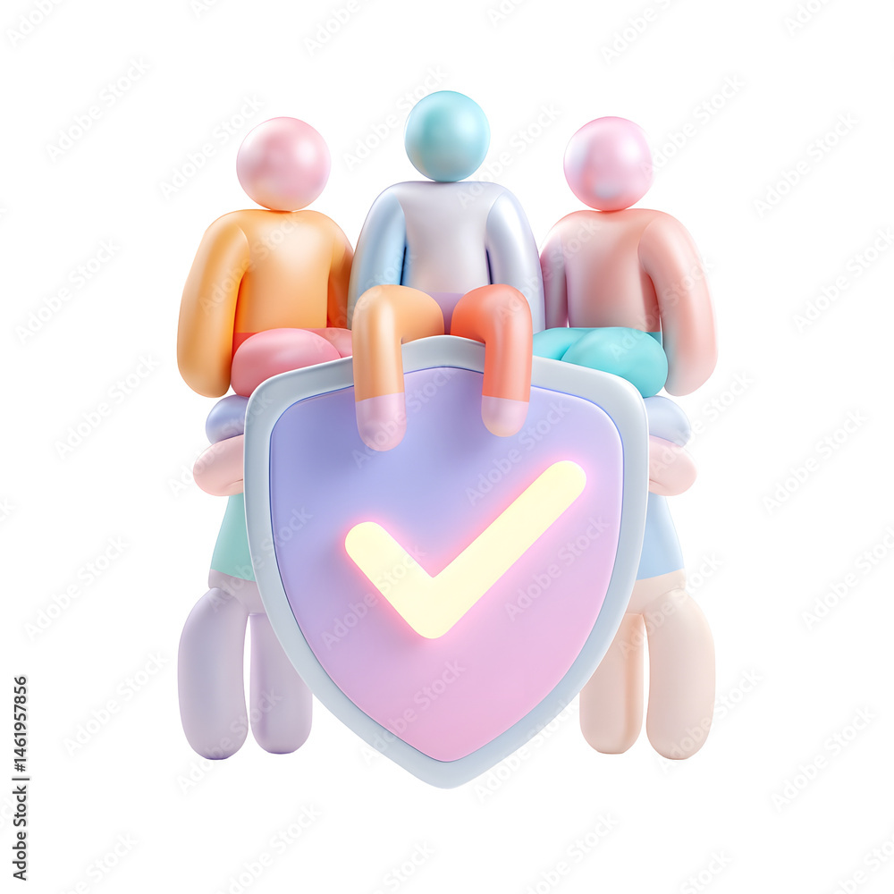 Poster Colorful 3D depicting a group of abstract pastel colored figures arranged in a protective pyramid shape behind a glowing shield displaying a check mark symbol symbolizing validation