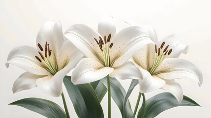 Three white flowers are arranged in a bouquet