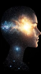Fototapeta premium Space galaxy hidden. A glowing cosmic silhouette of a human head with stars and galaxies, symbolizing imagination, consciousness, and the universe within the mind.