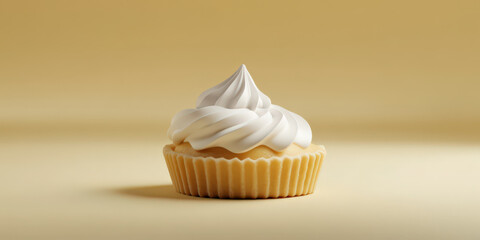 A mini lemon tart with golden baked crust and glossy, slightly toasted meringue peaks before a yellow background
