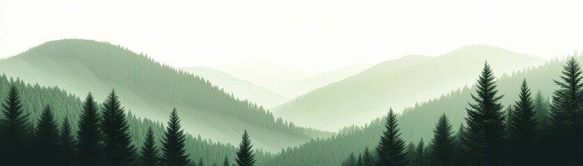 Pixelated Green Forest Mountain Landscape With Dense Trees In Foreground Under Foggy Sky Creates a Serene and Minimalist View In A Geometric and Retro Style Digital Art Design