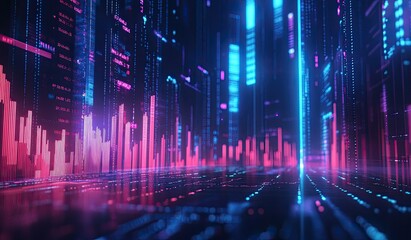 A vibrant digital landscape showcasing data visualization with neon colors and futuristic elements.