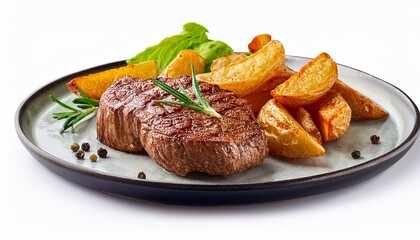 steak with fried potatoes on a plate isolated on white background