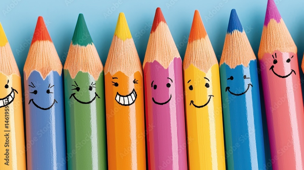Poster group of colorful pencils with unique faces drawn on them lined up on a white background