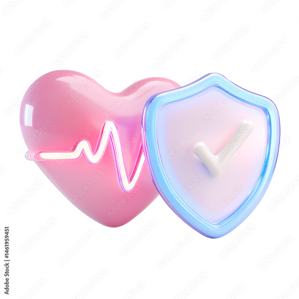 Poster vibrant pastel colored 3d object featuring a heart monitor symbol and protective shield conveying th