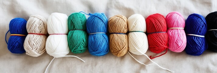 A row of colorful yarns are laid out on a table. The colors include white, blue, red, green, and brown. The yarns are all different sizes and textures, creating a visually interesting display