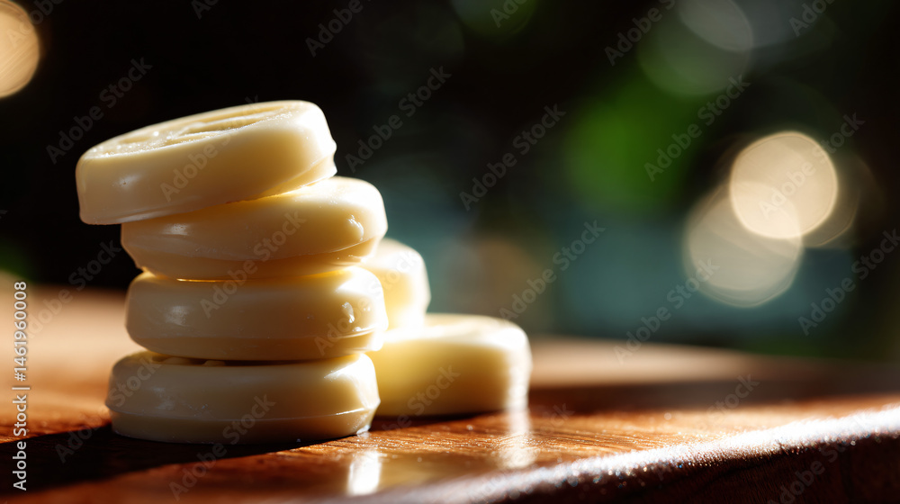Aufkleber stack of smooth clean chocolate discs on wooden tabular array