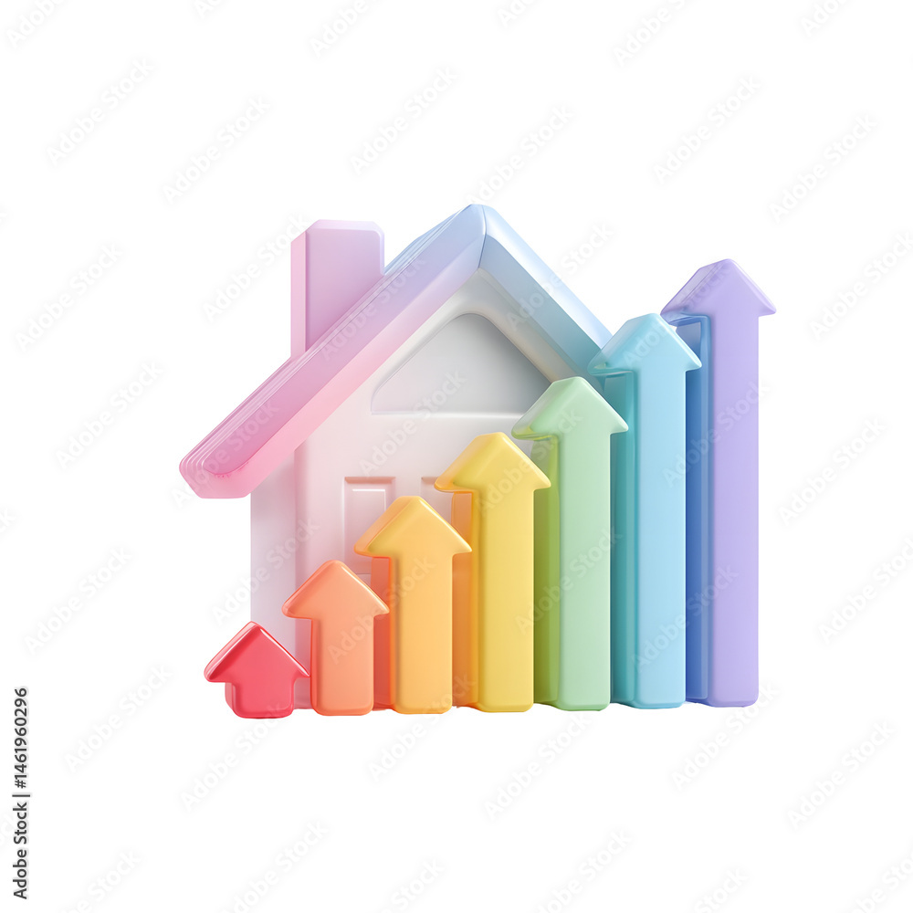 Poster Vibrant 3D of an eco friendly house showcasing its energy efficiency rating visually represented through a gradient of pastel colored arrows symbolizing progress and sustainability