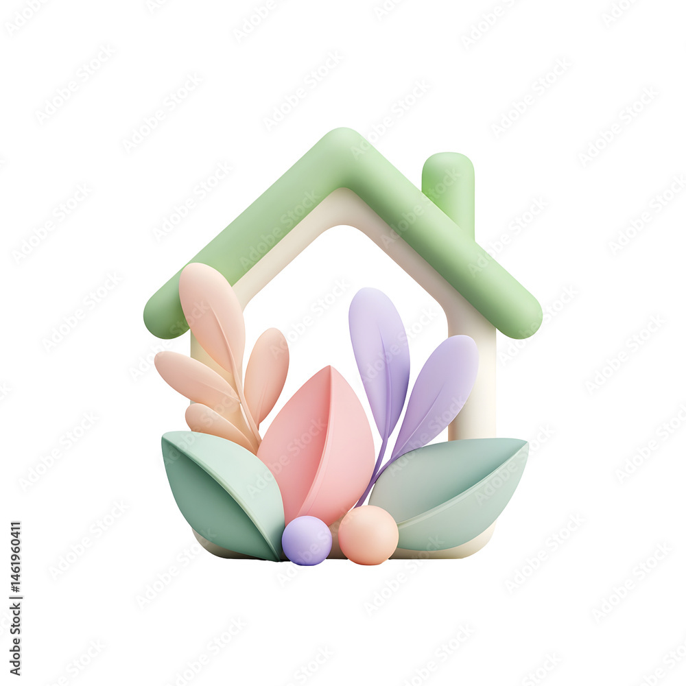 Poster soft minimalist 3d rendering of a pastel toned home icon surrounded by delicate leaf shapes in calmi